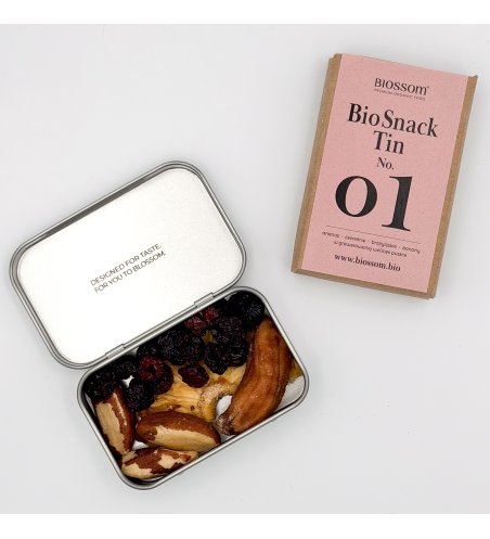Biossom Snack Tin No. 01 – bio ananas, banany, czereśnie i orzechy brazylijskie w różowej puszce