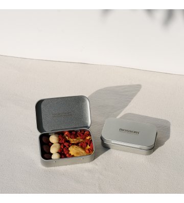 Biossom Snack Tin No. 02 – open reusable tin with chocolate-covered mango, dried mango, macadamia nuts and goji berries