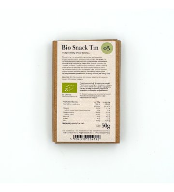 Biossom Snack Tin No. 03 – close-up of the product label with ingredients and nutritional information