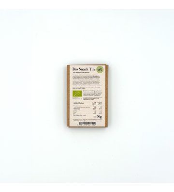 Biossom Snack Tin No. 03 – close-up of the product label with ingredients and nutritional information