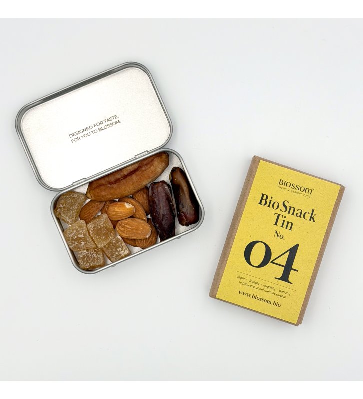 Biossom Snack Tin No. 04 – open tin with candied ginger, dates, dried bananas and almonds