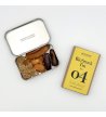 Biossom Snack Tin No. 04 – open tin with candied ginger, dates, dried bananas and almonds