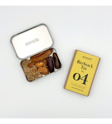 Biossom Snack Tin No. 04 – open tin with candied ginger, dates, dried bananas and almonds