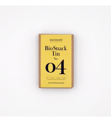 Biossom Snack Tin No. 04 – closed engraved tin beside the Ritual of Mindful Energy packaging
