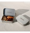 Biossom Snack Tin No. 04 – open tin with candied ginger, dates, dried bananas and almonds